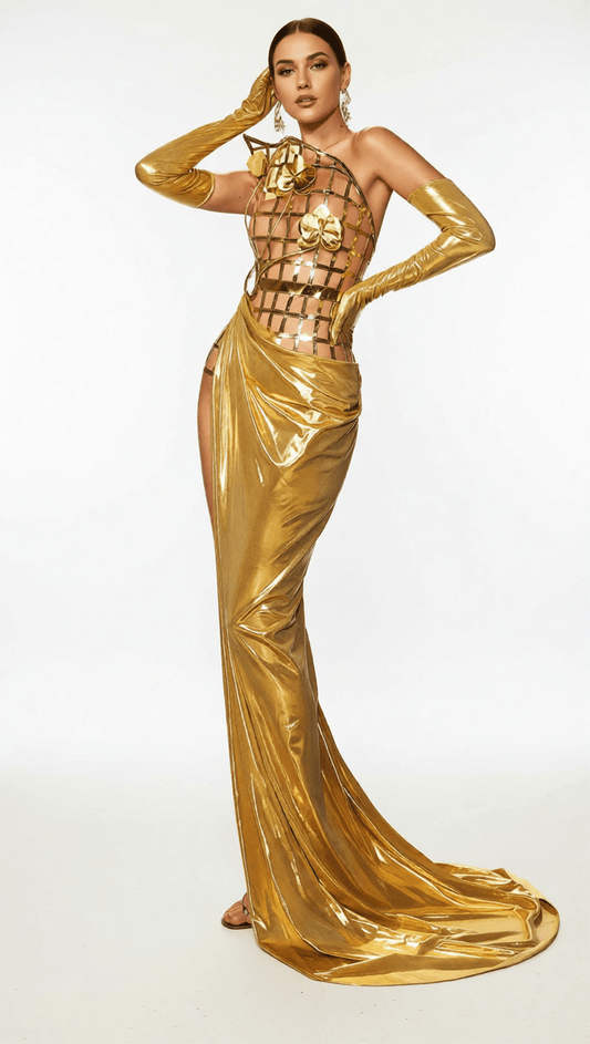 AIIZIE AETHON GOLDEN GODDESS STRAPLESS MAXI DRESS | METALLIC FLORAL EMBELLISHED HIGH-SLIT GOWN - product image