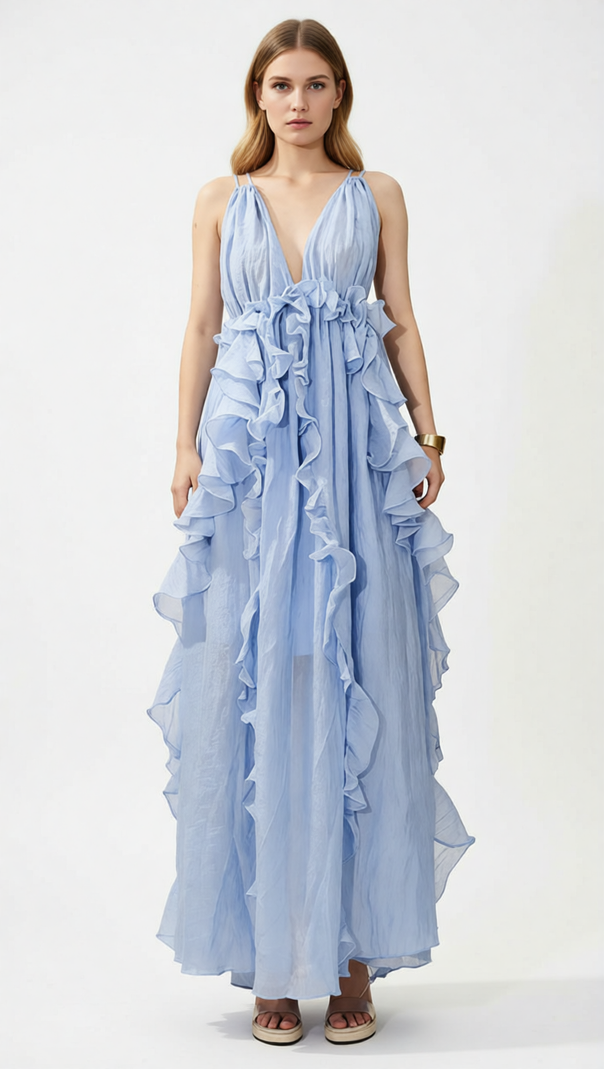 AIIZIE HOKONA EFFORTLESS RUFFLE MAXI DRESS - STRAPPY V-NECK GOWN FOR SUMMER & RESORT - product image