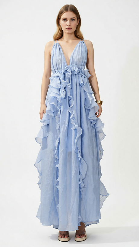 HOKONA EFFORTLESS RUFFLE MAXI DRESS - STRAPPY V-NECK GOWN FOR SUMMER & RESORT