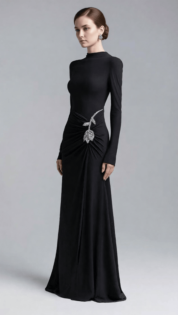 AIIZIE Elegant Merlot Ruched Long Sleeve Maxi Dress with Crystal Flower Embellishment - product image