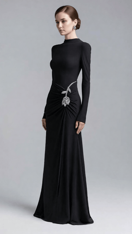 Elegant Merlot Ruched Long Sleeve Maxi Dress with Crystal Flower Embellishment