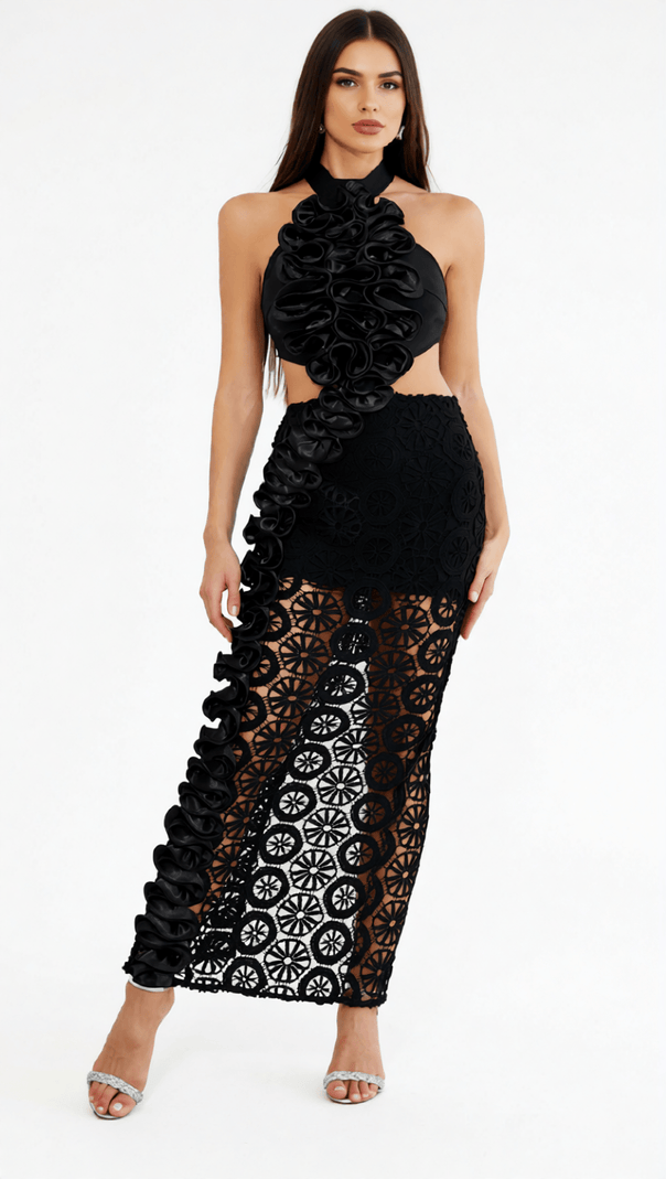 AIIZIE GLAMOROUS BLACK HALTERNECK RUFFLED CUTOUT LACE MAXI DRESS - ELEGANT EVENING GOWN - product image