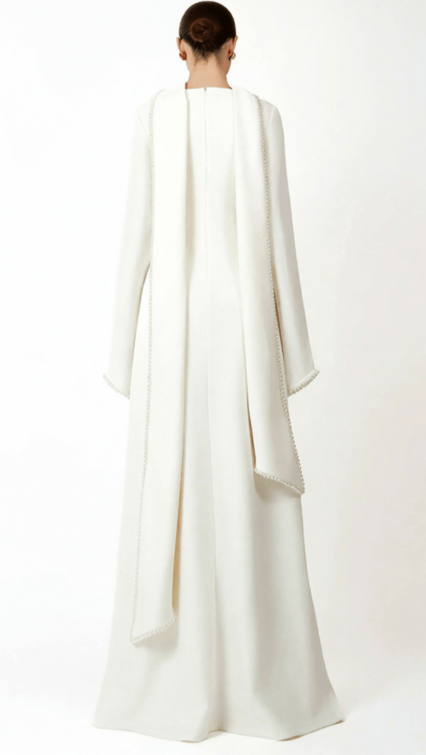 AIIZIE HIDI SHAWL PEARL-TRIMMED MAXI DRESS | ELEGANT LONG SLEEVE WHITE GOWN - product image