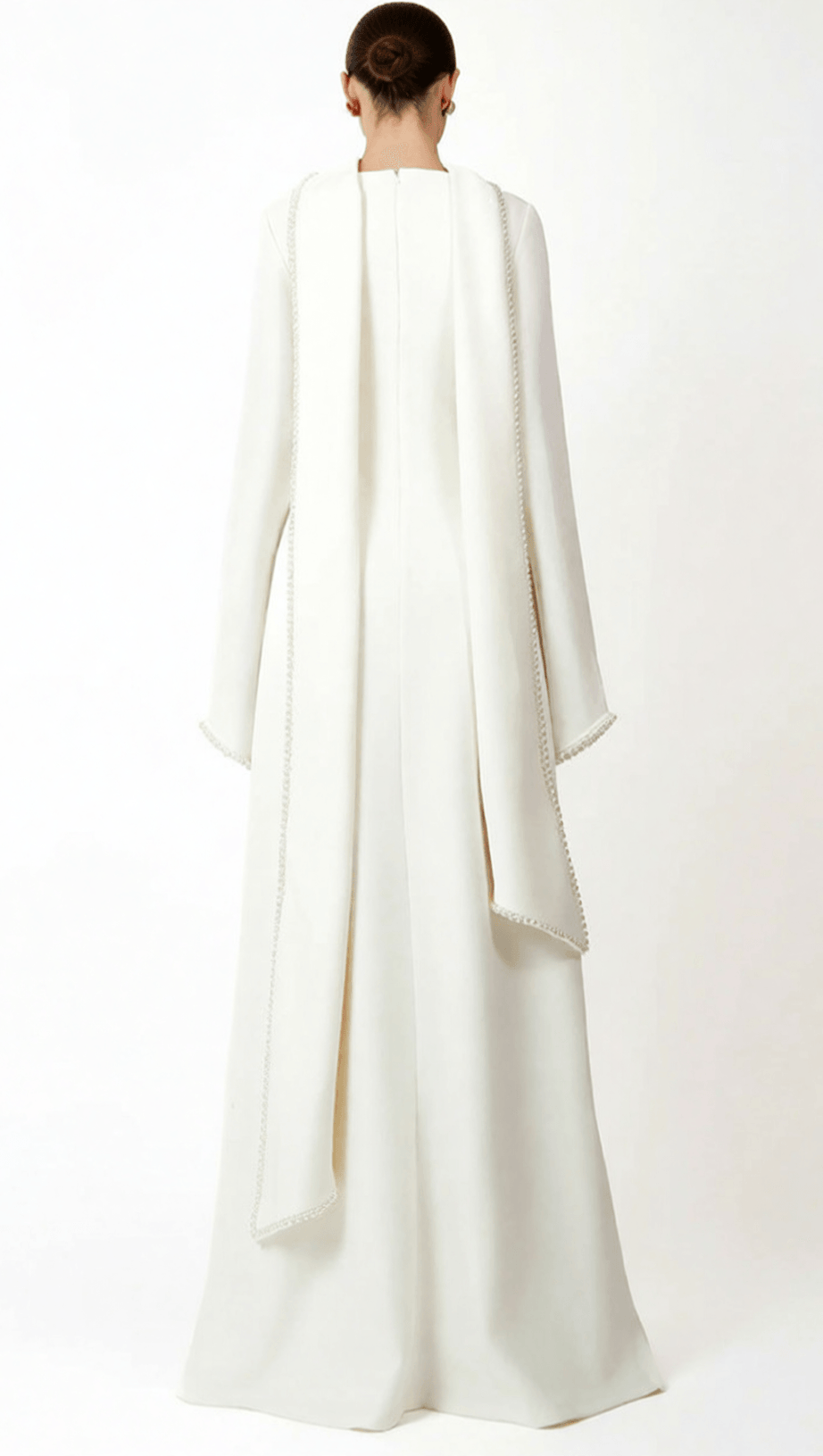 HIDI SHAWL PEARL-TRIMMED MAXI DRESS | ELEGANT LONG SLEEVE WHITE GOWN