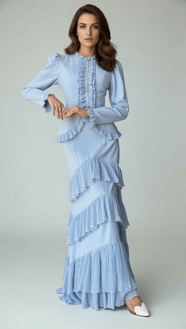AIIZIE Ignace Elegant Ruffle Two-Piece Set - Long Sleeve Top & Tiered Maxi Skirt - product image
