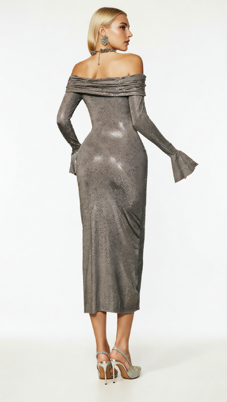 GLAMOROUS CASSIAN RHINESTONE OFF-SHOULDER MIDI DRESS - SPARKLE & SHINE EVENING GOWN