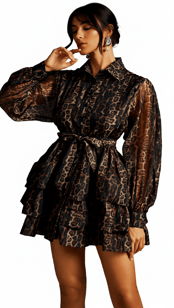 AIIZIE HAZRA FIERCE LEOPARD PRINT TIERED MINI DRESS | VOLUMINOUS SLEEVES & TIE WAIST - product image