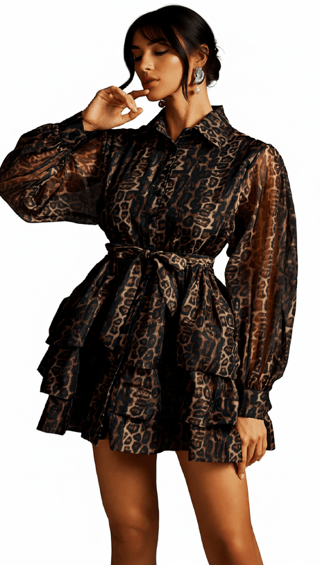 HAZRA FIERCE LEOPARD PRINT TIERED MINI DRESS | VOLUMINOUS SLEEVES & TIE WAIST