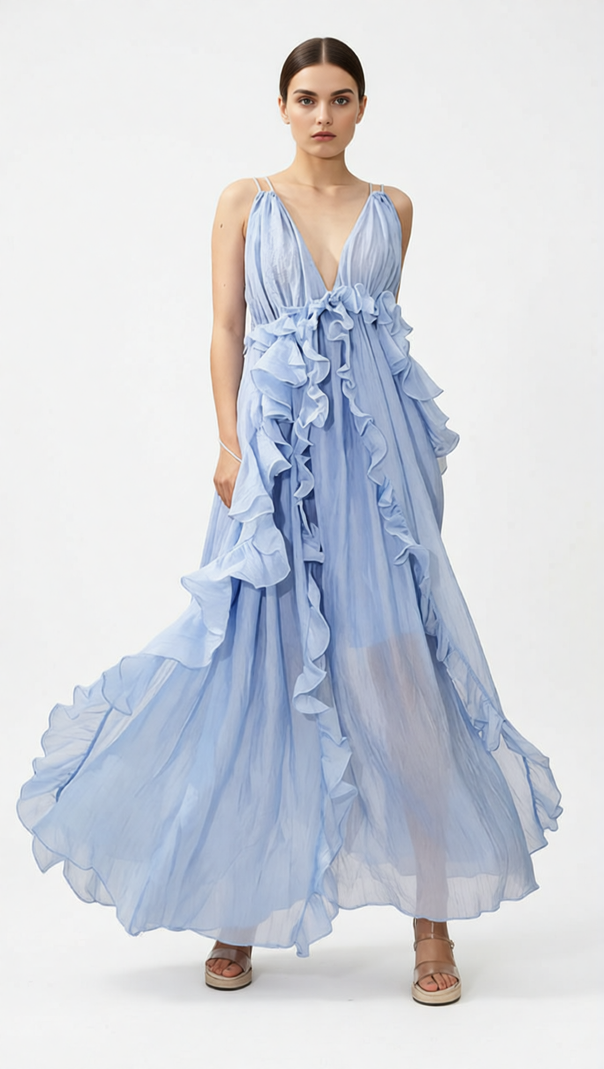 AIIZIE HOKONA EFFORTLESS RUFFLE MAXI DRESS - STRAPPY V-NECK GOWN FOR SUMMER & RESORT - product image