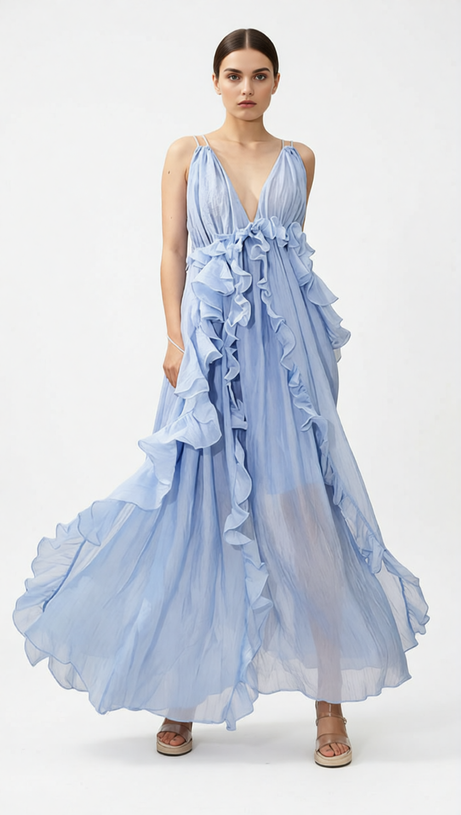 HOKONA EFFORTLESS RUFFLE MAXI DRESS - STRAPPY V-NECK GOWN FOR SUMMER & RESORT