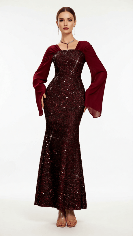 HONOVI DAZZLING WINE SEQUIN LONG SLEEVE MAXI DRESS - ELEGANT FORMAL GOWN