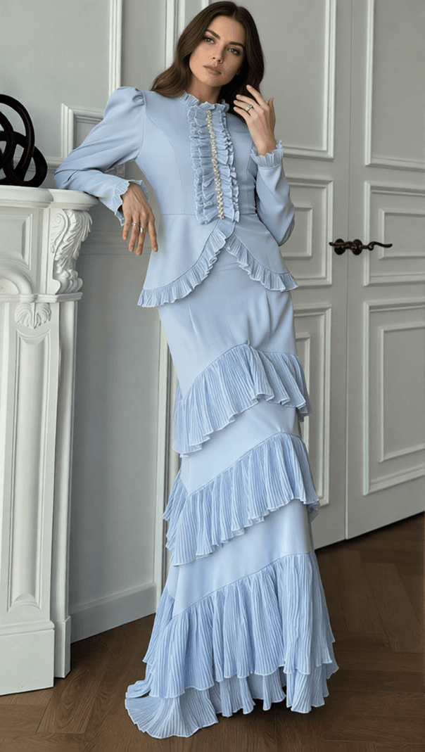 AIIZIE Ignace Elegant Ruffle Two-Piece Set - Long Sleeve Top & Tiered Maxi Skirt - product image