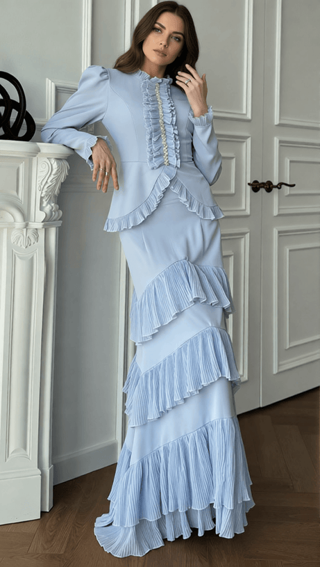 Ignace Elegant Ruffle Two-Piece Set - Long Sleeve Top & Tiered Maxi Skirt