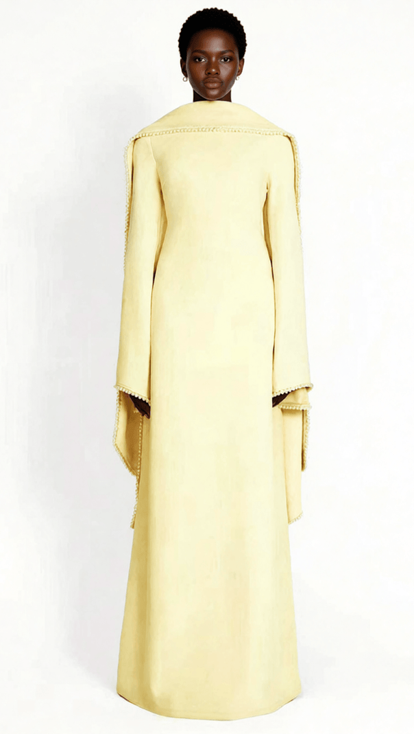 AIIZIE HIDI SHAWL PEARL-TRIMMED MAXI DRESS | ELEGANT LONG SLEEVE WHITE GOWN - product image