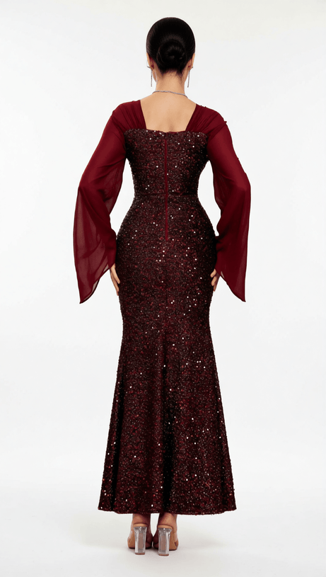 HONOVI DAZZLING WINE SEQUIN LONG SLEEVE MAXI DRESS - ELEGANT FORMAL GOWN
