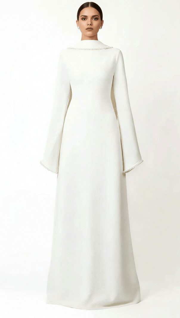 AIIZIE HIDI SHAWL PEARL-TRIMMED MAXI DRESS | ELEGANT LONG SLEEVE WHITE GOWN - product image