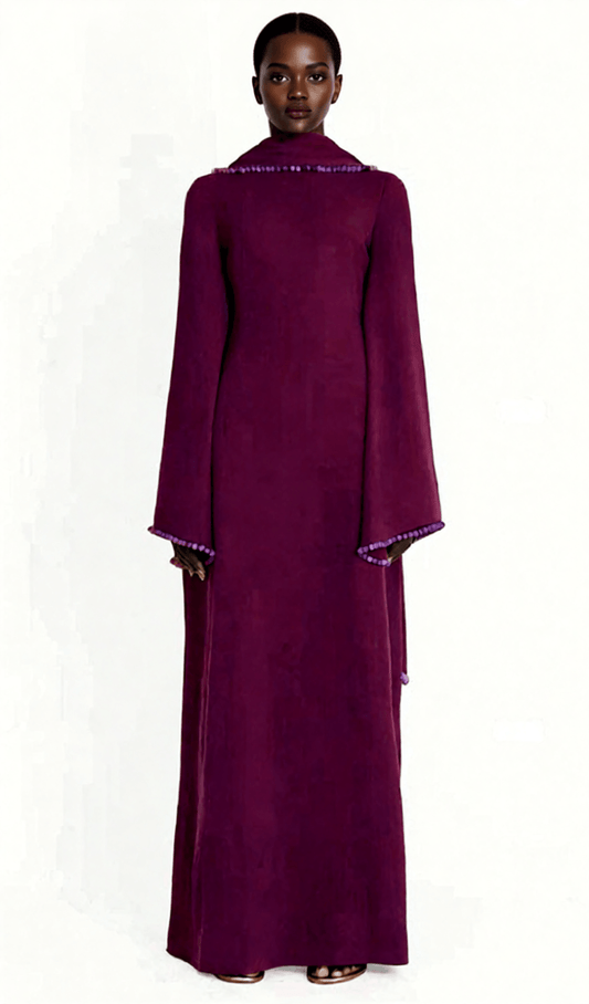 AIIZIE HIDI SHAWL PEARL-TRIMMED MAXI DRESS | ELEGANT LONG SLEEVE WHITE GOWN - product image