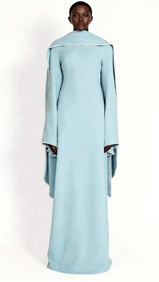 AIIZIE HIDI SHAWL PEARL-TRIMMED MAXI DRESS | ELEGANT LONG SLEEVE WHITE GOWN - product image