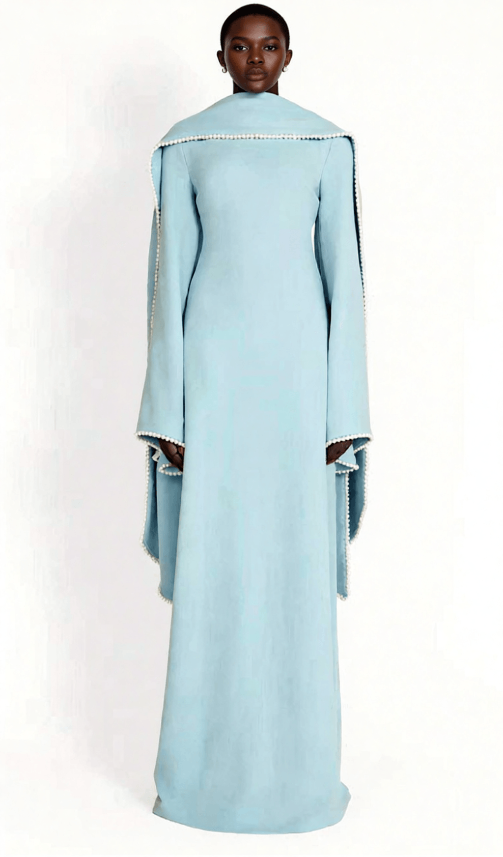 HIDI SHAWL PEARL-TRIMMED MAXI DRESS | ELEGANT LONG SLEEVE WHITE GOWN