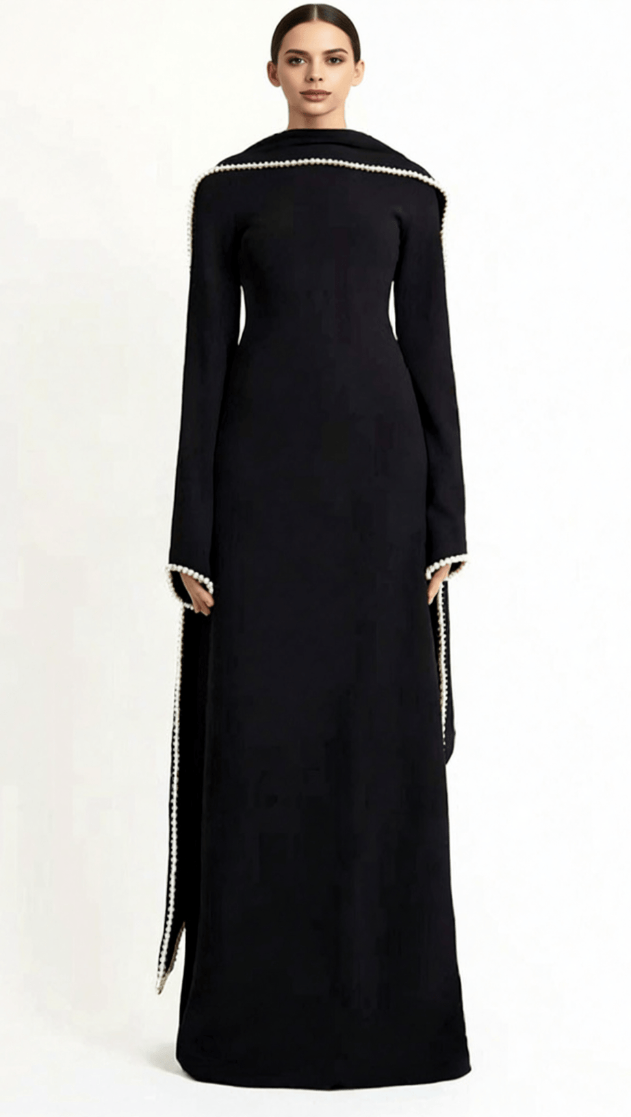 HIDI SHAWL PEARL-TRIMMED MAXI DRESS | ELEGANT LONG SLEEVE WHITE GOWN