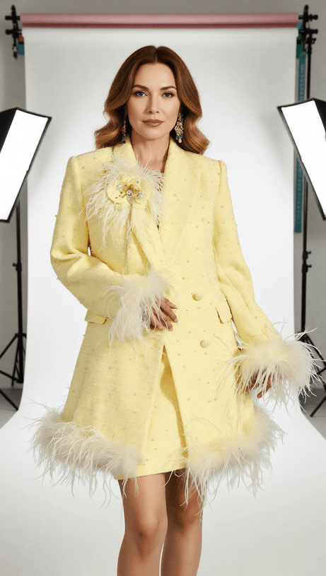 HIBA LUXE YELLOW TWEED FEATHER EMBELLISHED BLAZER JACKET