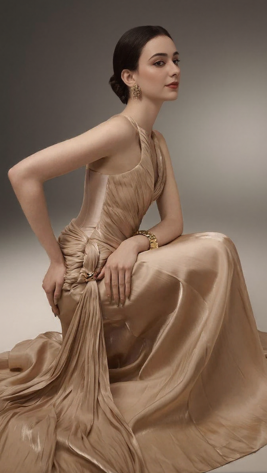 CORSET WAIST SILK BLEND HALTER FLOOR LENGTH DRESS IN CHAMPAGNE