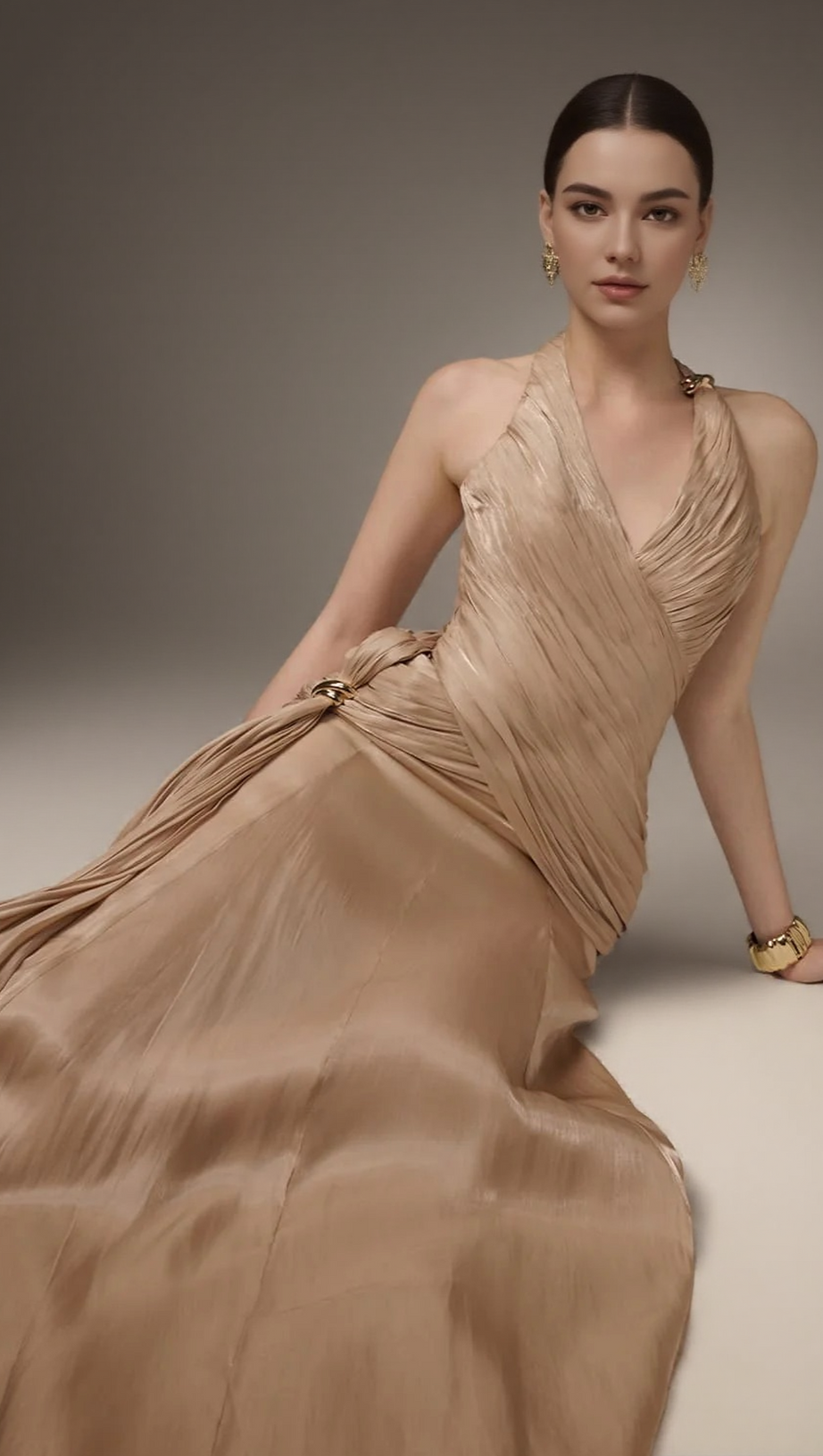 CORSET WAIST SILK BLEND HALTER FLOOR LENGTH DRESS IN CHAMPAGNE