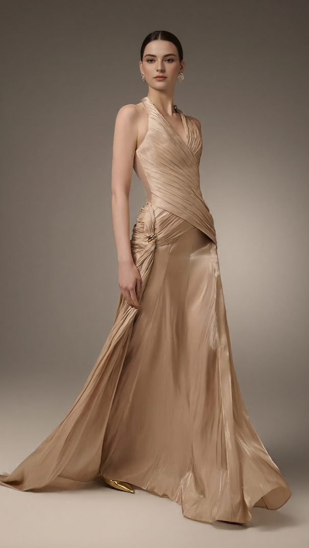 AIIZIE CORSET WAIST SILK BLEND HALTER FLOOR LENGTH DRESS IN CHAMPAGNE - product image