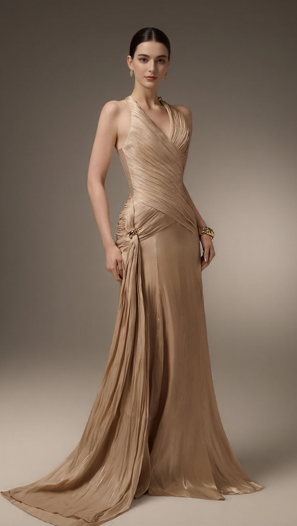 AIIZIE CORSET WAIST SILK BLEND HALTER FLOOR LENGTH DRESS IN CHAMPAGNE - product image