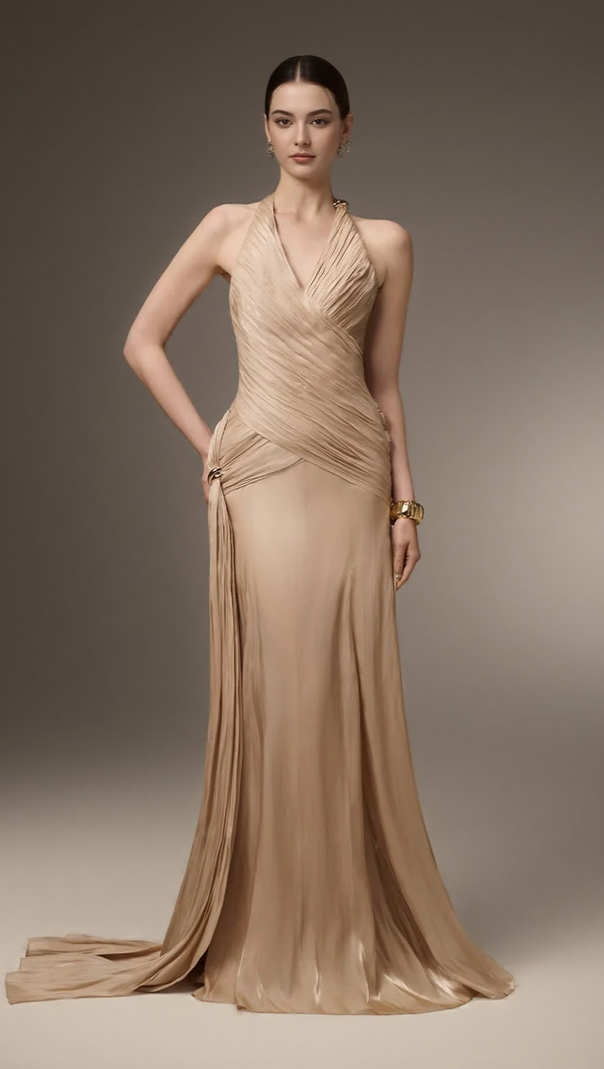 AIIZIE CORSET WAIST SILK BLEND HALTER FLOOR LENGTH DRESS IN CHAMPAGNE - product image