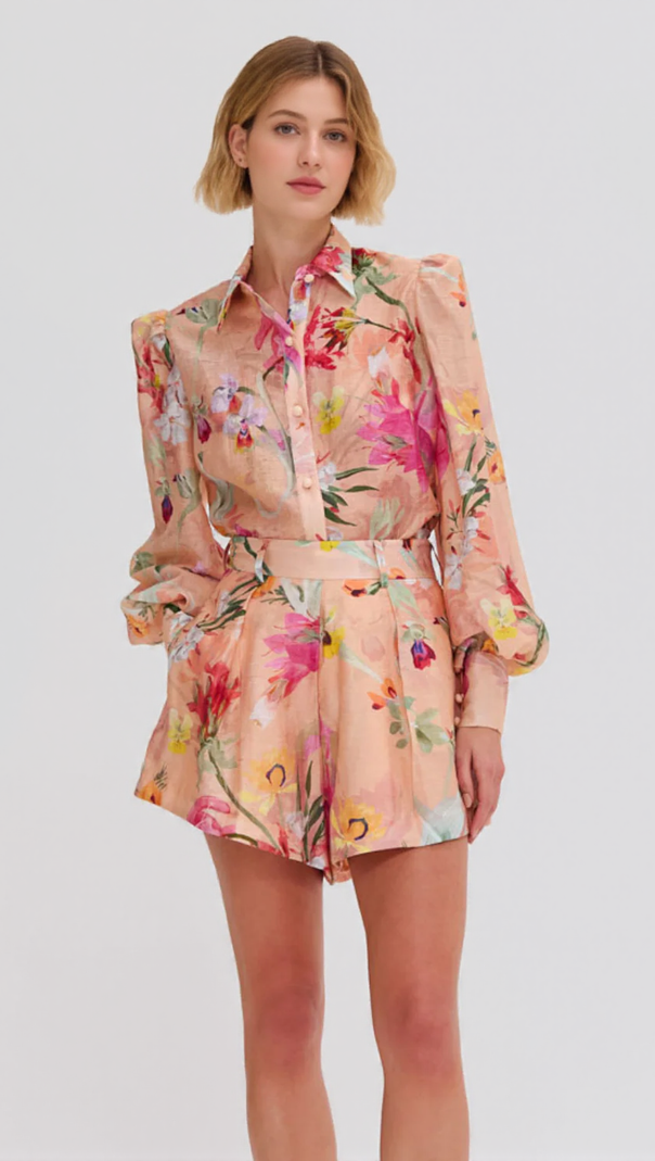 AIIZIE ORANGE JENNY FLORAL PRINTED SHIRT SHORTS SET - product image