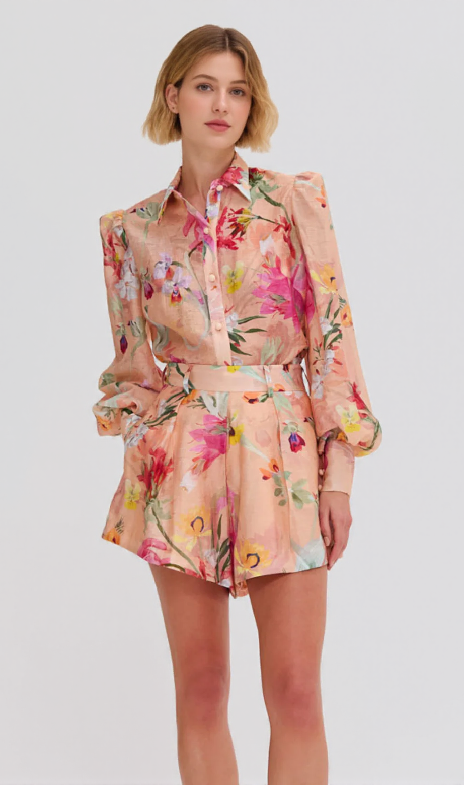 orange jenny floral printed shirt shorts set