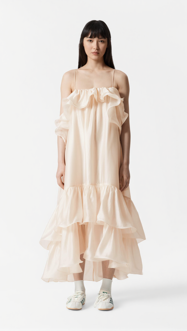 AIIZIE HEDWIG OFF-SHOULDER FLORAL PRINTED RUFFLE MAXI DRESS IN BEIGE - product image