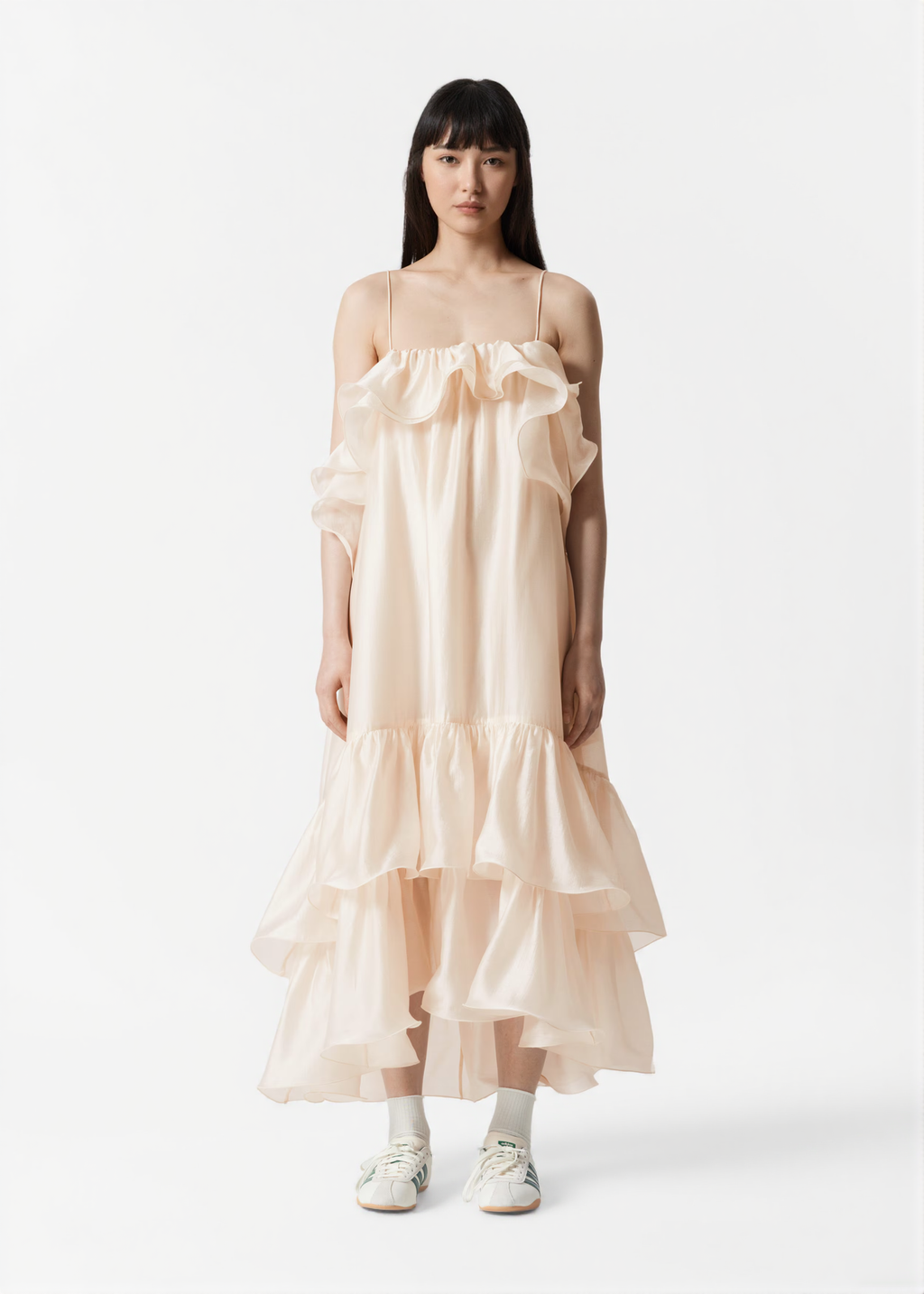 ABITO LUNGO CON SPALLE SCOPERTE E VOLANT STAMPATO FLOREALE HEDWIG BEIGE