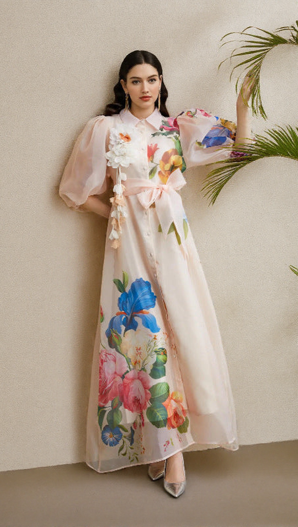 AIIZIE SINGLE-BREASTED FLORAL PRINTED PUFF SLEEVE MAXI DRESS IN APRICOT - product image