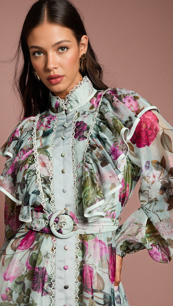 AIIZIE GREEN LONG SLEEVE PRINTED ORGANZA SHIRT MIDI DRESS - product image