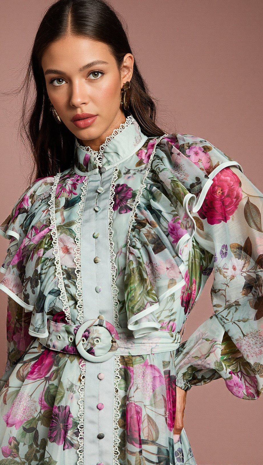 GREEN LONG SLEEVE PRINTED ORGANZA SHIRT MIDI DRESS