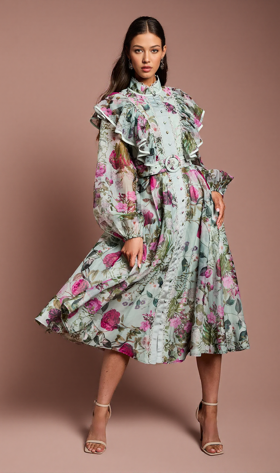 green Long Sleeve Printed Organza Shirt midi Dress