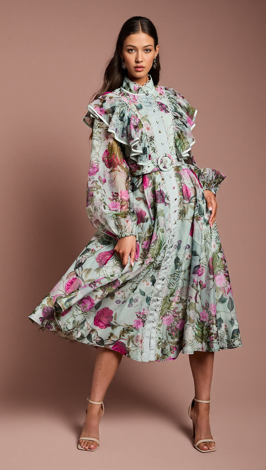 GREEN LONG SLEEVE PRINTED ORGANZA SHIRT MIDI DRESS