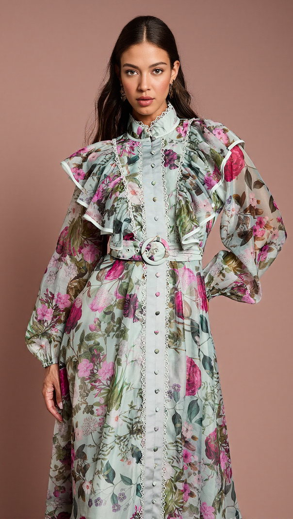 AIIZIE GREEN LONG SLEEVE PRINTED ORGANZA SHIRT MIDI DRESS - product image