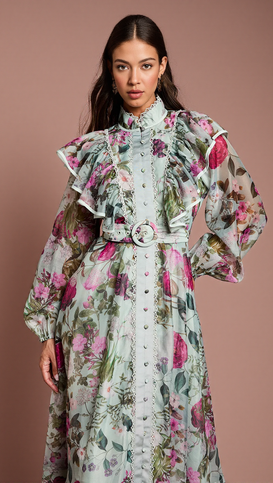 GREEN LONG SLEEVE PRINTED ORGANZA SHIRT MIDI DRESS