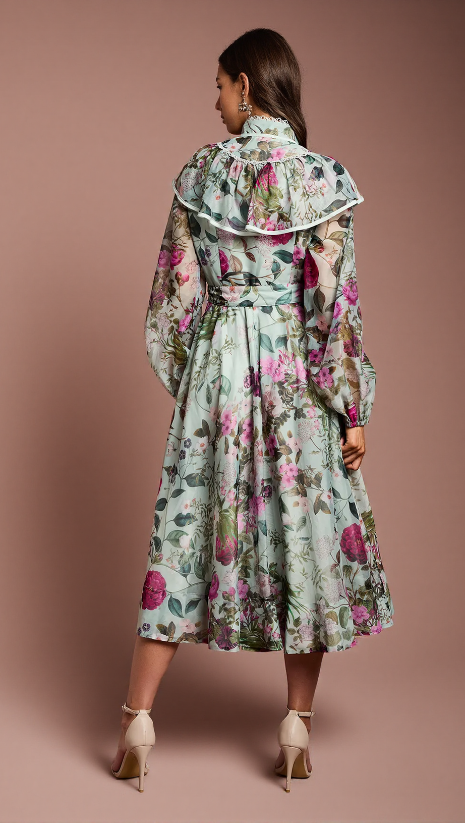 GREEN LONG SLEEVE PRINTED ORGANZA SHIRT MIDI DRESS