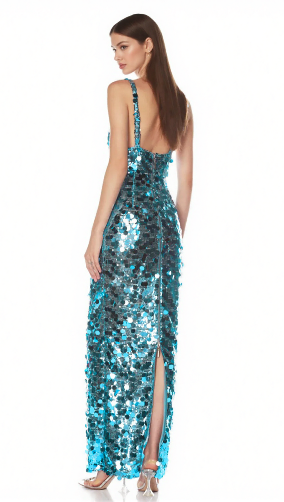 CARLIN SEQUIN DEEP V STRAPLESS MAXI DRESS IN BLUE