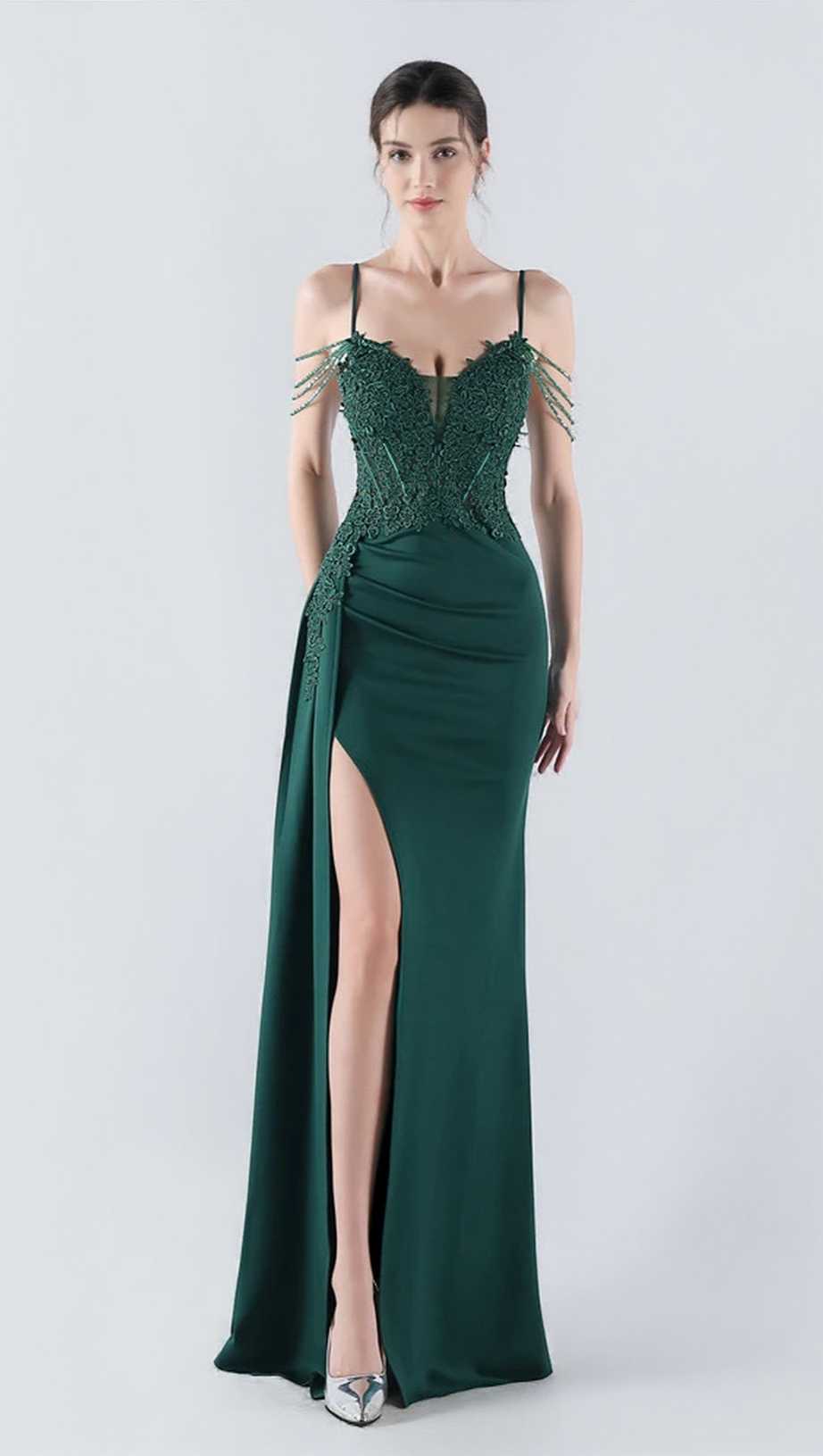 FLOWER BEAD CORSET MAXI DRESS IN GREEN
