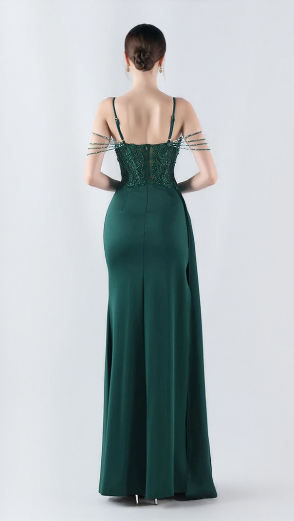 AIIZIE FLOWER BEAD CORSET MAXI DRESS IN GREEN - product image