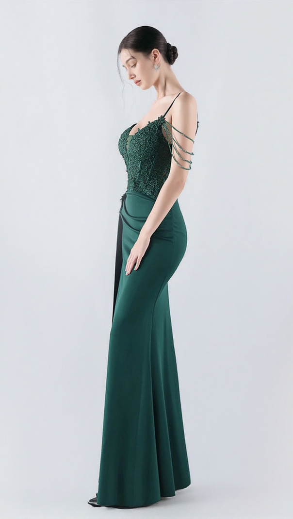 AIIZIE FLOWER BEAD CORSET MAXI DRESS IN GREEN - product image