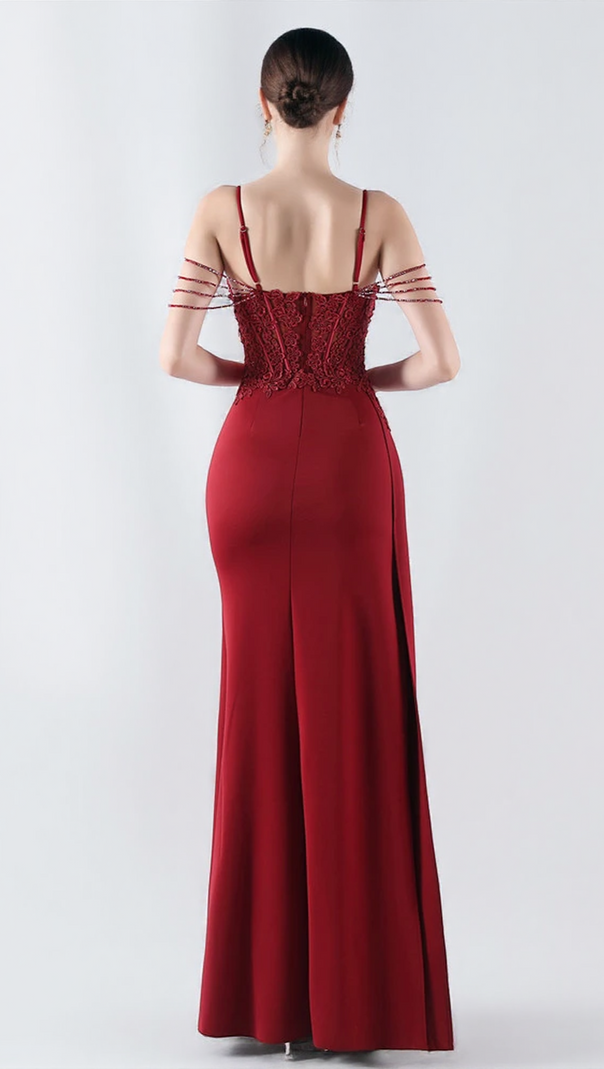 AIIZIE FLOWER BEAD CORSET MAXI DRESS IN RED - product image