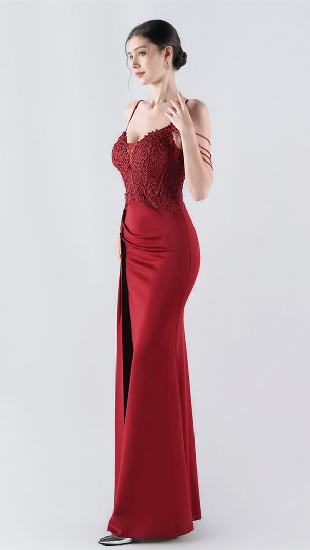 AIIZIE FLOWER BEAD CORSET MAXI DRESS IN RED - product image