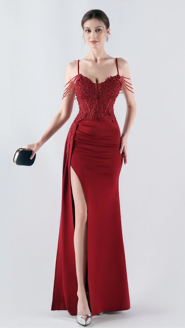 AIIZIE FLOWER BEAD CORSET MAXI DRESS IN RED - product image