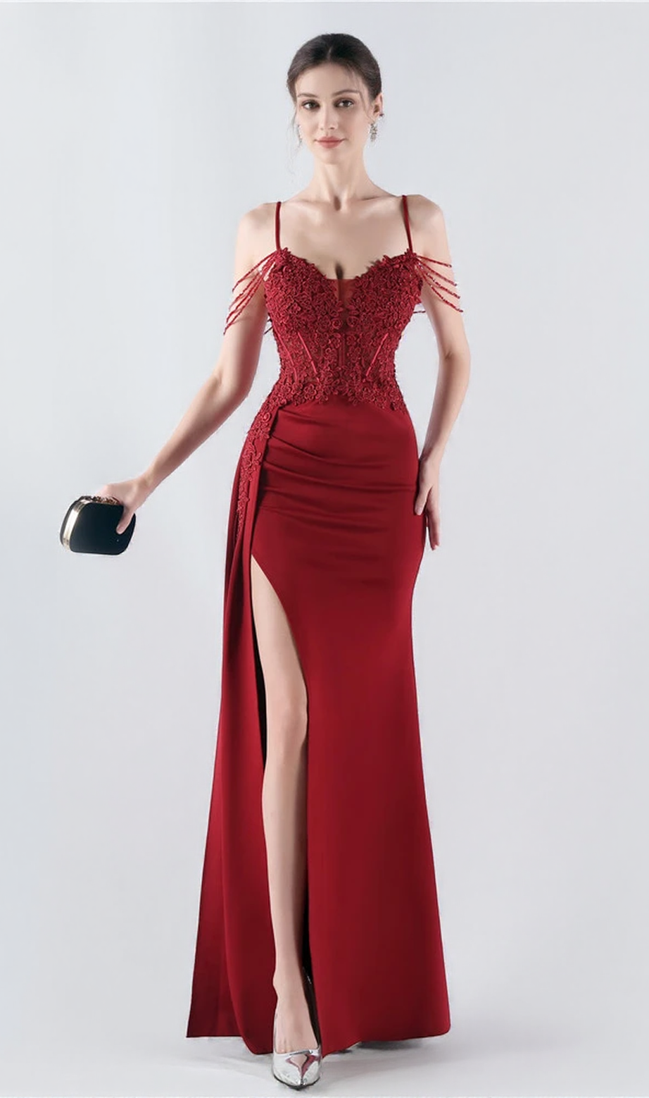 Flower Bead Corset Maxi Dress In Red